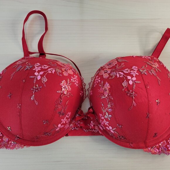 VICTORIA'S SECRET Red Iridescent Mesh Floral Strappy Push-Up Bra sz 36D NWOT - Picture 1 of 7